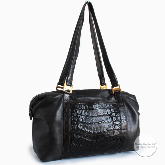 Gucci Duffle Bag Black Crocodile and Kid Leather Large Hobo Vintage 1984 + COA - Picture 1 of 17